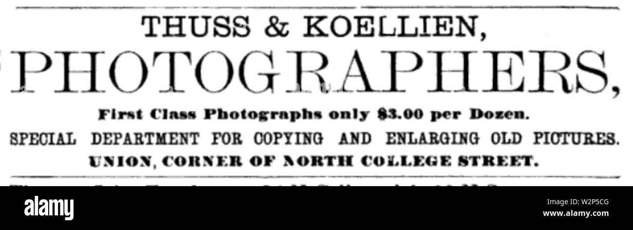 1880 Thuss and Koellien photographers Union Street in Nashville Tennessee advert Stock Photo
