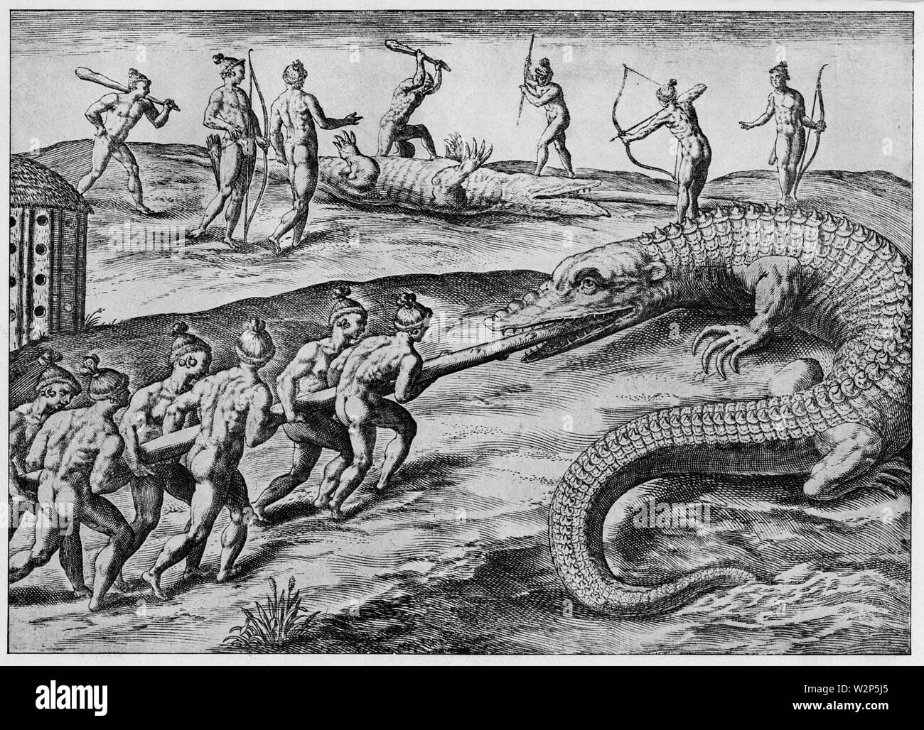Native Florida crocodile hunt. After de Bry 'Brevis narratio', Frankfurt 1591 ,  (, ) Stock Photo