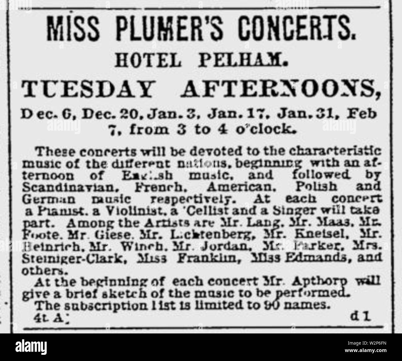 1887 Plumer HotelPelham BostonEveningTranscript Dec3 Stock Photo
