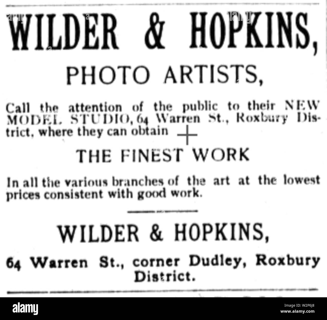 1888 Wilder and Hopkins photographers advert 64 Warren Street in Boston Stock Photo