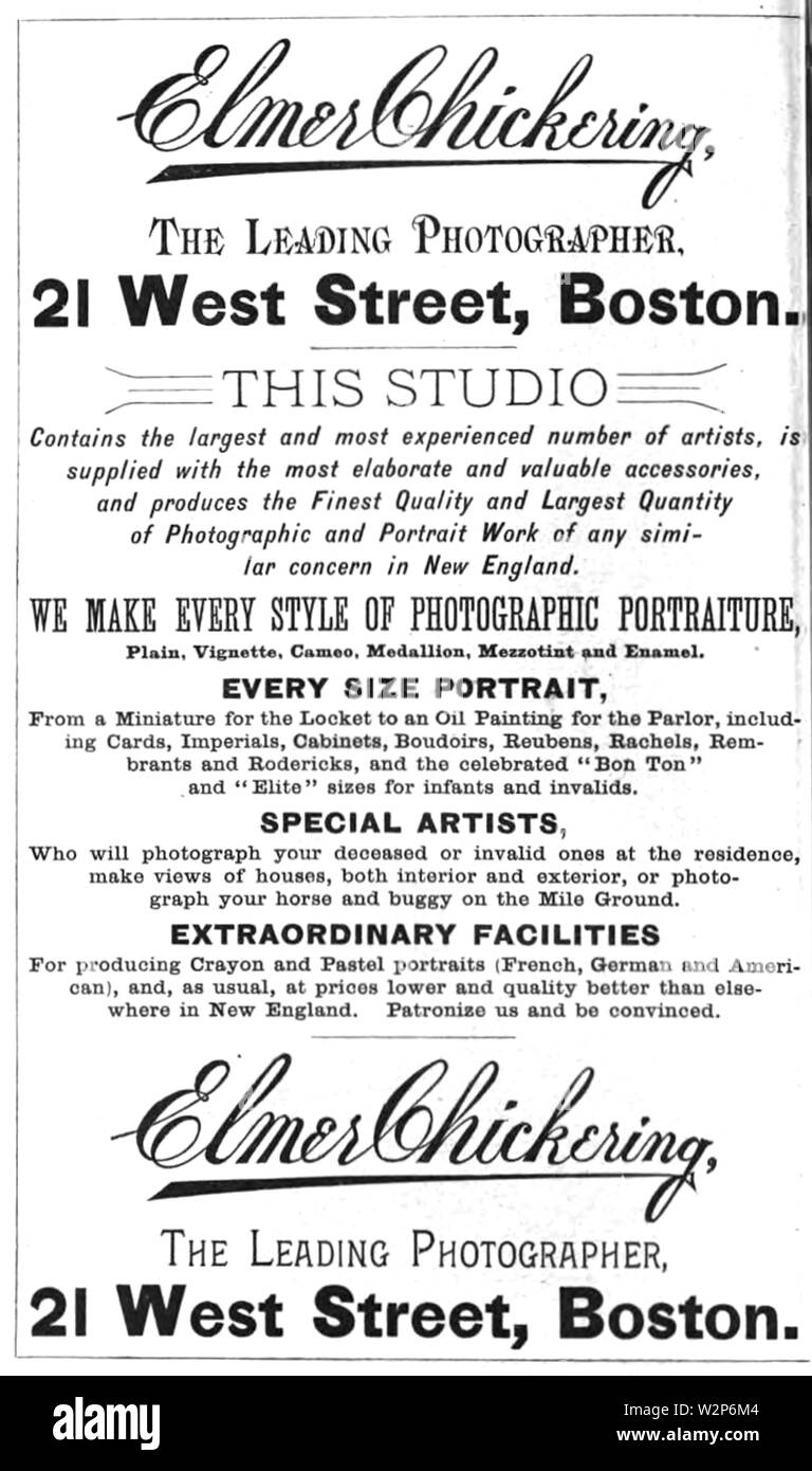 1888 Elmer Chickering photographer advert 21 West Street Boston USA Stock Photo