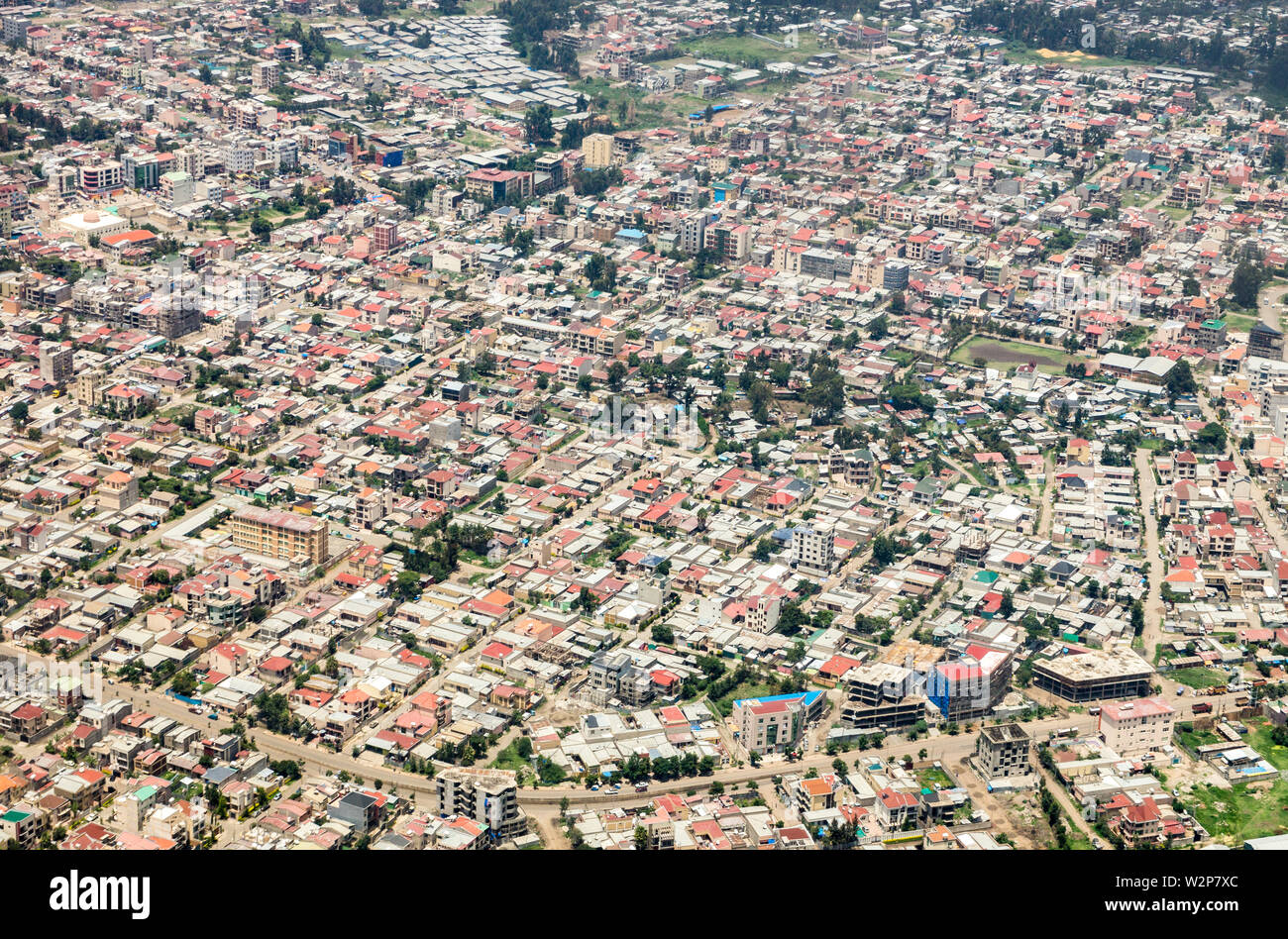 Aerial photo of Urban sprawl with new housing in a suburb of Addis Ababa, Ethiopia Stock Photo
