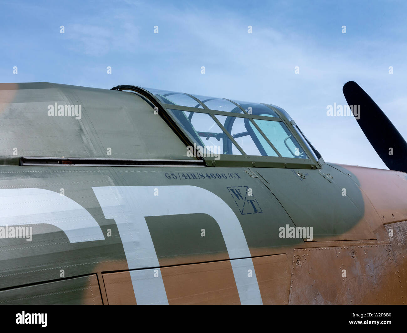 Detail of Supermarine Spitfire aircraft on the ground with no pilot in cockpit and no engine running Stock Photo
