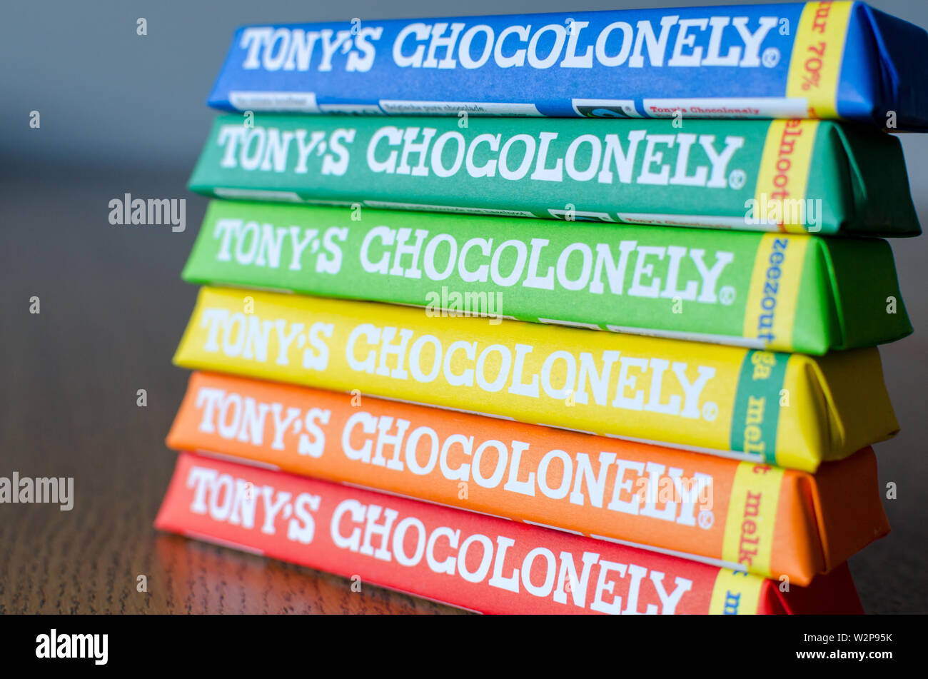 Amsterdam, Netherlands May 04 2019 Tonys Chocolonely milk chocolate