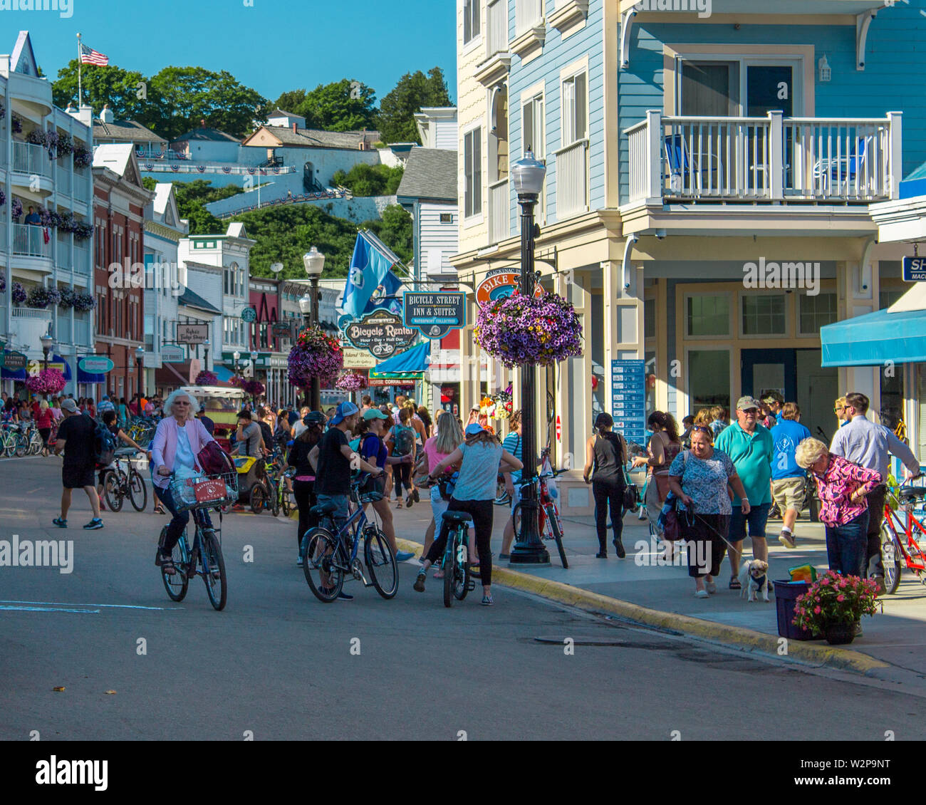 Busy streets of downtown Mackinac Island Michigan filled with tourists