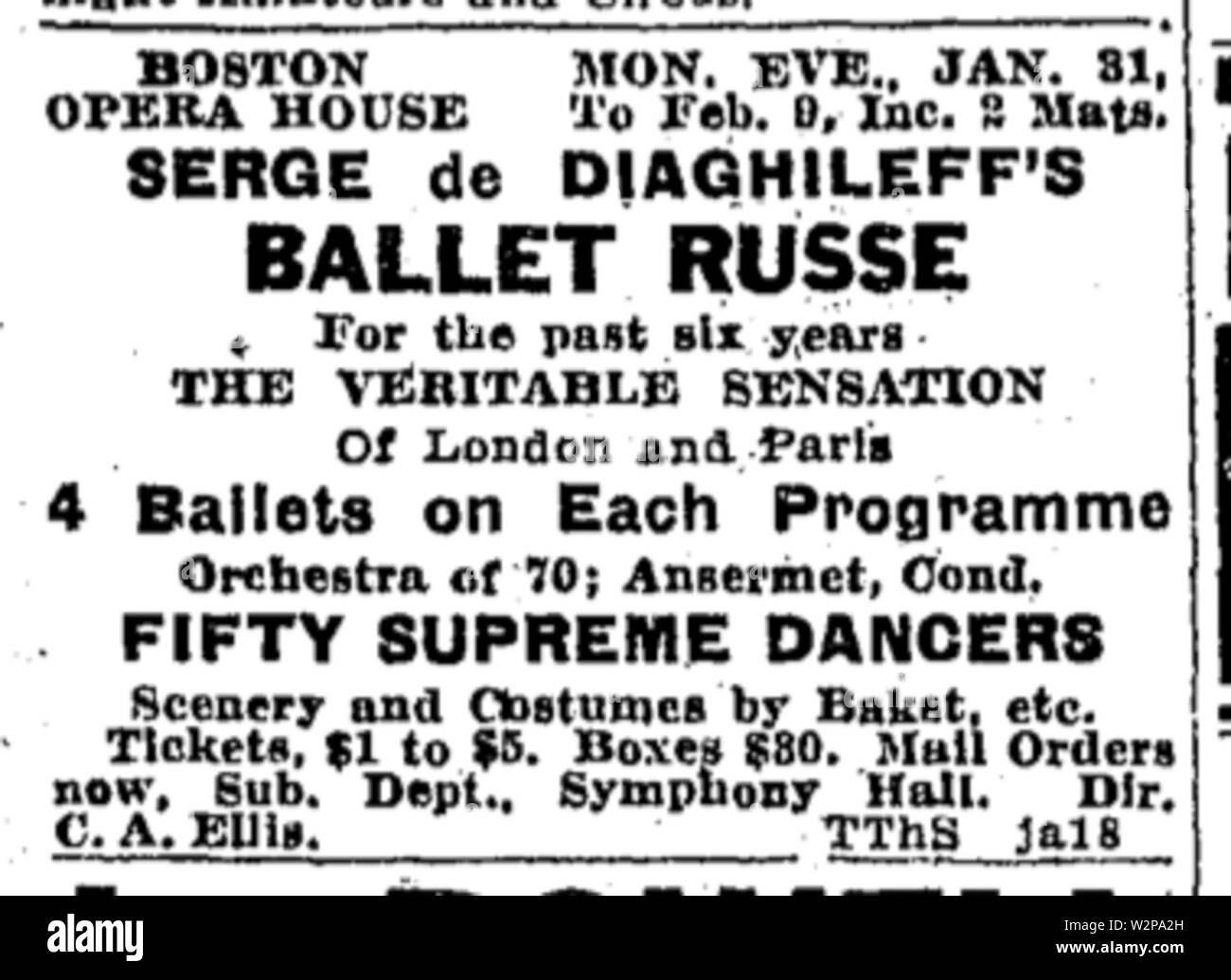 1916 Diaghileff BostonOperaHouse BostonGlobe January20 Stock Photo