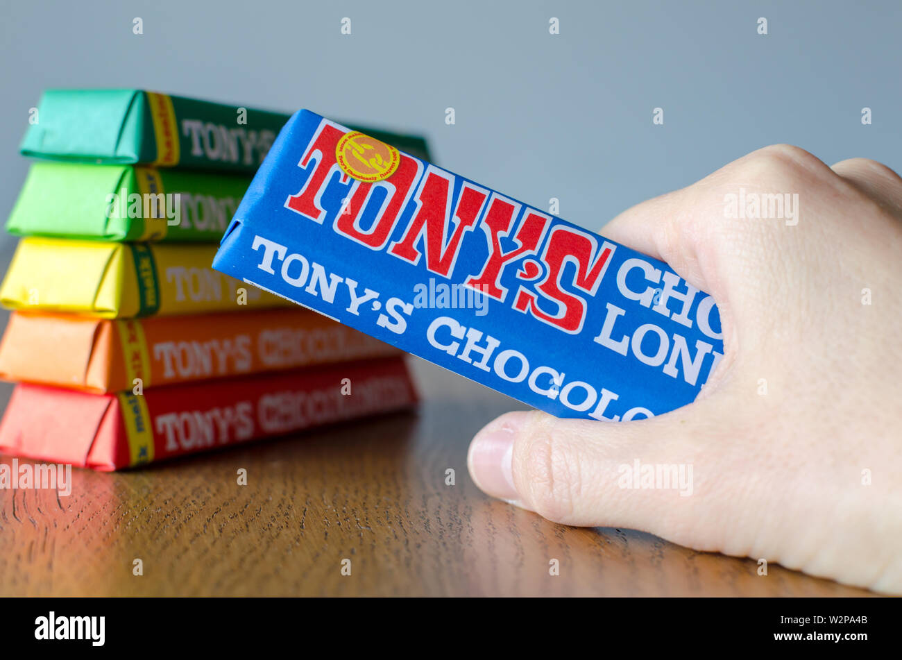 Amsterdam, Netherlands May 04 2019 Tonys Chocolonely milk chocolate