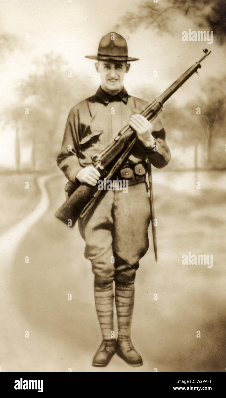 This photo of Bud H. Alben in his infantry uniform in 1918 belongs to his descendants and was passed down through two generations from its original owner (unknown). Stock Photo