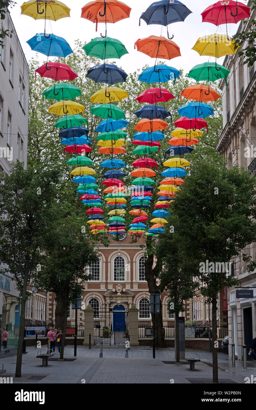 ADHD Foundation’s famous Umbrella Project in Church Alley Liverpool UK with Bluecoat Chambers in the background. Stock Photo