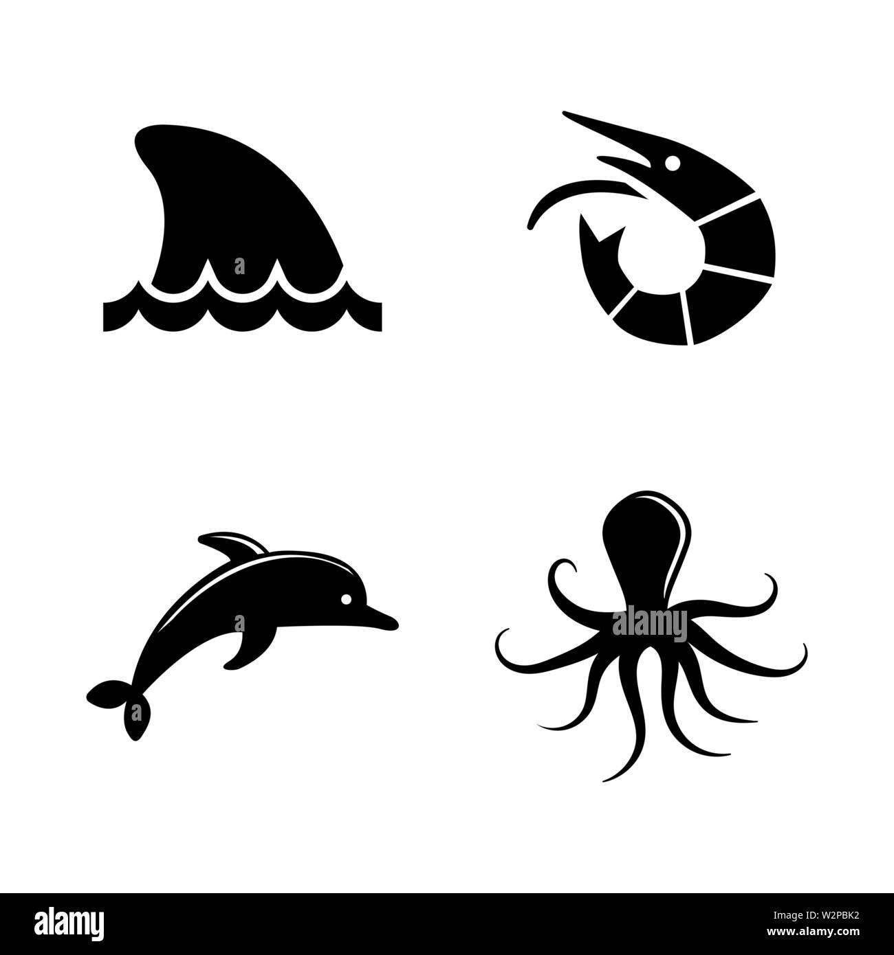 Marine Life. Simple Related Vector Icons Set for Video, Mobile Apps, Web Sites, Print Projects and Your Design. Black Flat Illustration on White Backg Stock Vector