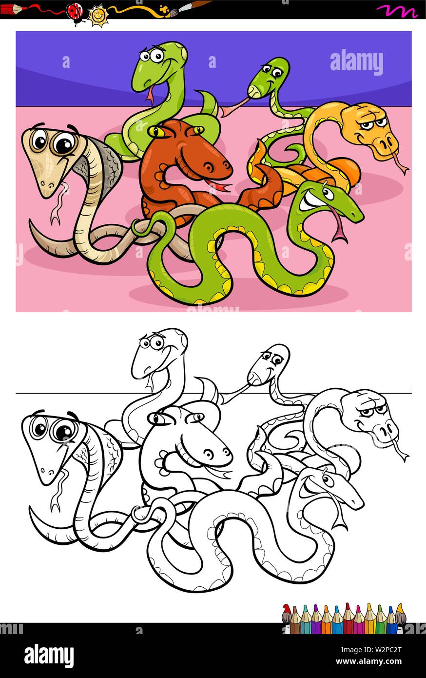 Cartoon Illustration of Funny Snakes Animal Characters Coloring Book Activity Stock Vector