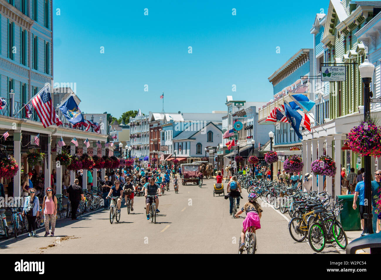 The busy streets of downtown Mackinac Island Michigan