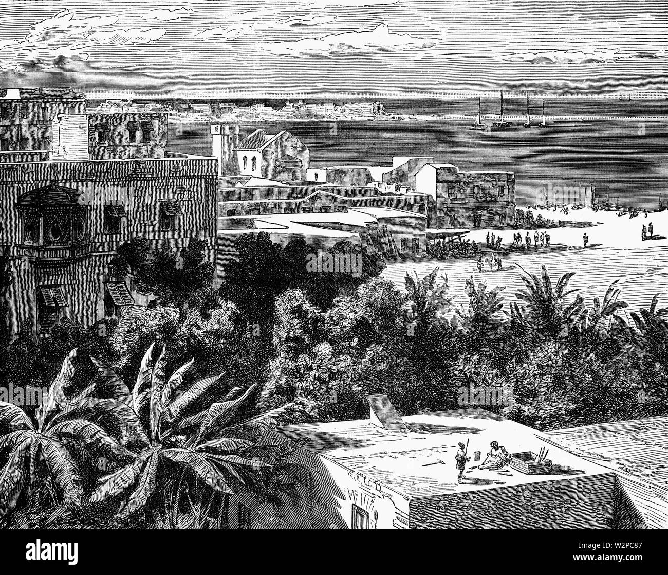 A view of Port of Alexandria in the Nile Delta between the Mediterranean Sea and Mariut Lake in Alexandria, Egypt. Built in 1900 BCE, it is one of the oldest ports in the world, but over the centuries sand and silt deposits made the port unnavigable. It was cleared by forces under the command of Alexander the Great in 331 BC as part of the construction of Alexandria city to be the marine base for his fleet. Alexander's engineer Dinocrat linked the port of Alexandria and the island of Pharos with a bridge  creating two harbour basins for commercial and military shipping. In the Ptolemy era a se Stock Photo
