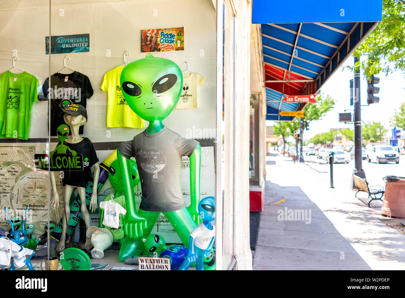 Roswell, USA - June 8, 2019: Main street road in New Mexico famous town city for alien sightings and store shop with ufo souvenirs Stock Photo
