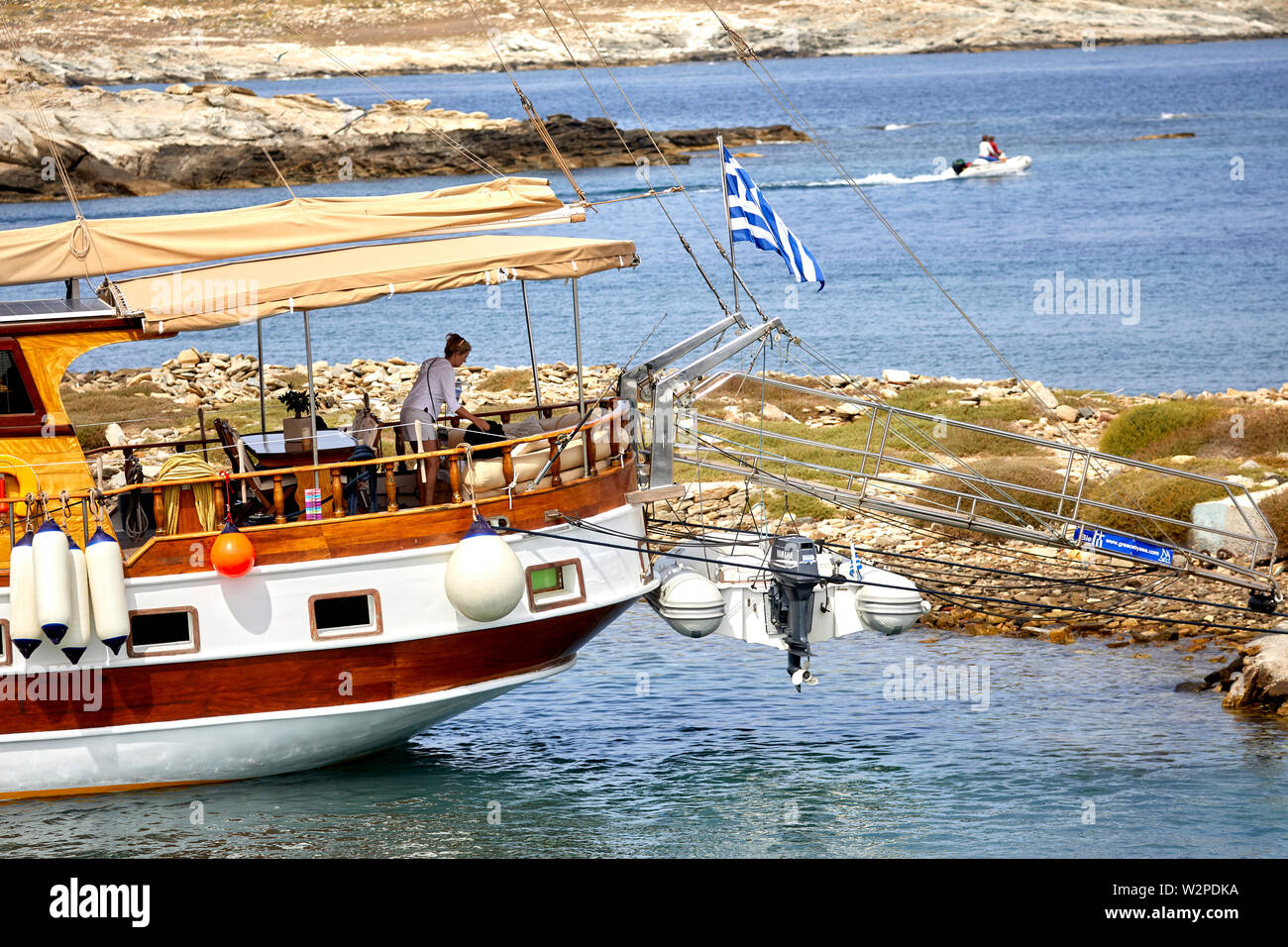 Greek, Greece, Delos historical site island, archaeological ruins day trip cruise boats in the harbour Stock Photo