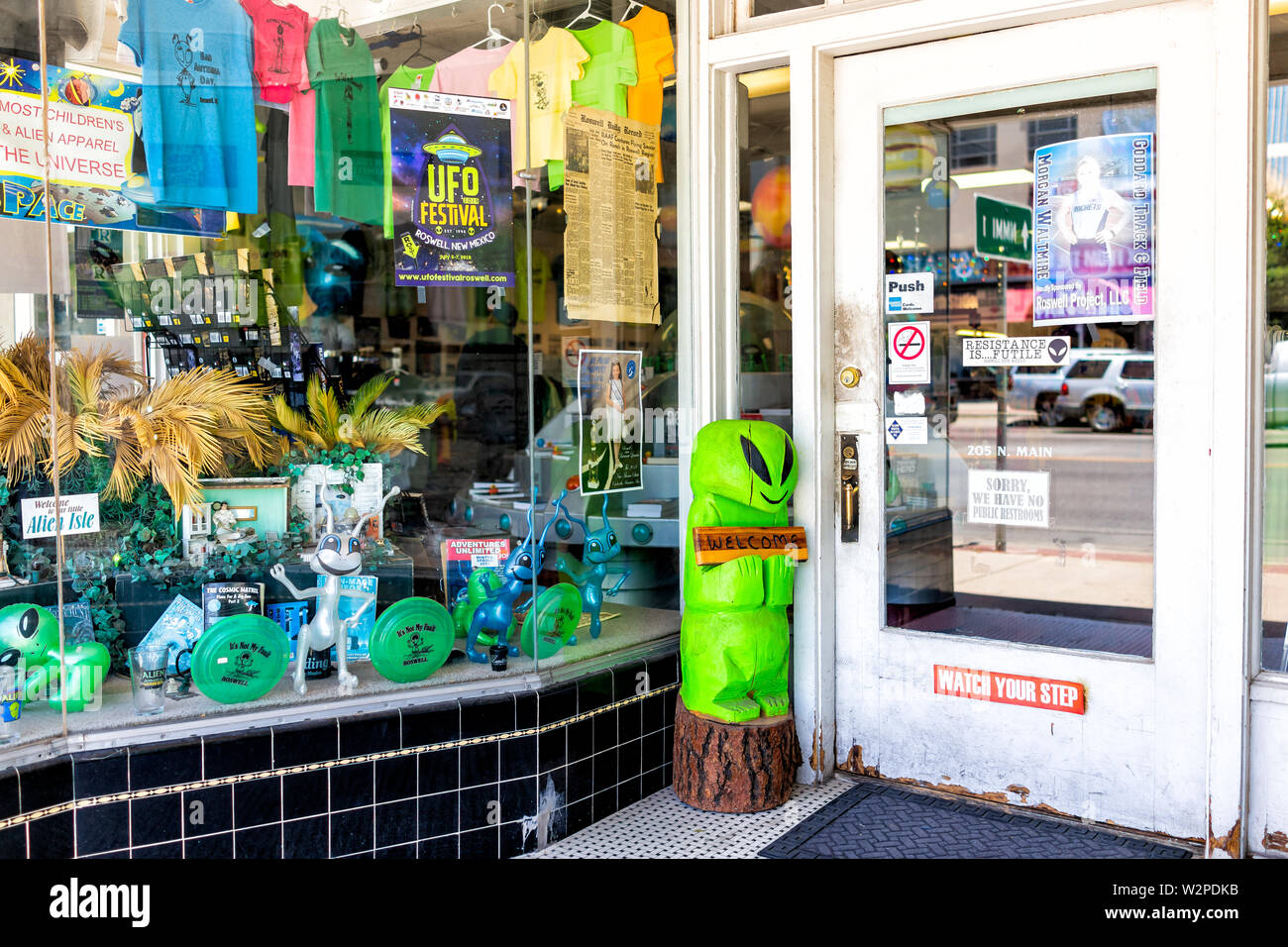Roswell, USA - June 8, 2019: Main street road in New Mexico town city alien sightings and store shop with ufo souvenirs Stock Photo