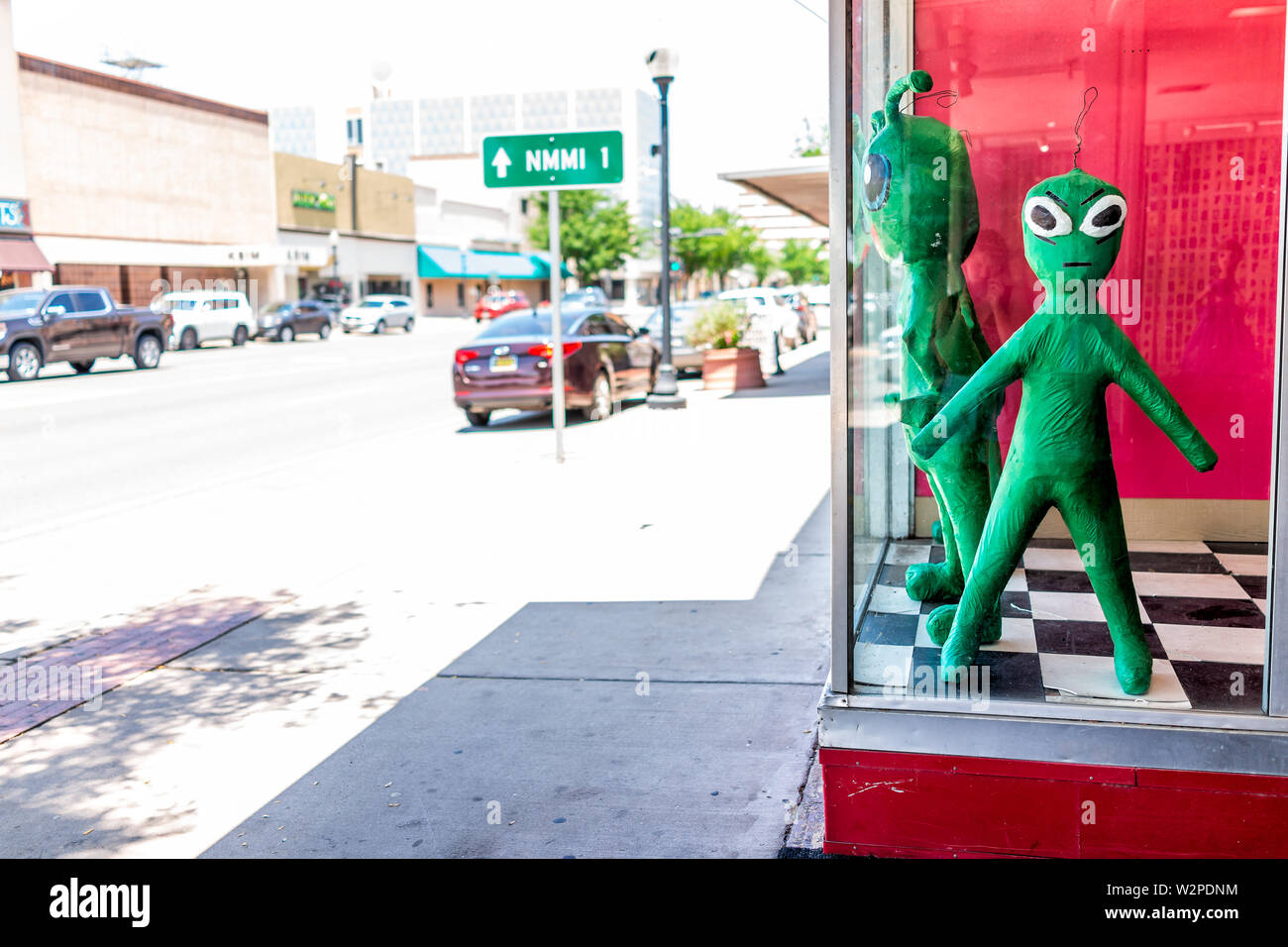 Roswell, USA - June 8, 2019: Main street road in New Mexico town alien objects store shop with ufo souvenirs Stock Photo
