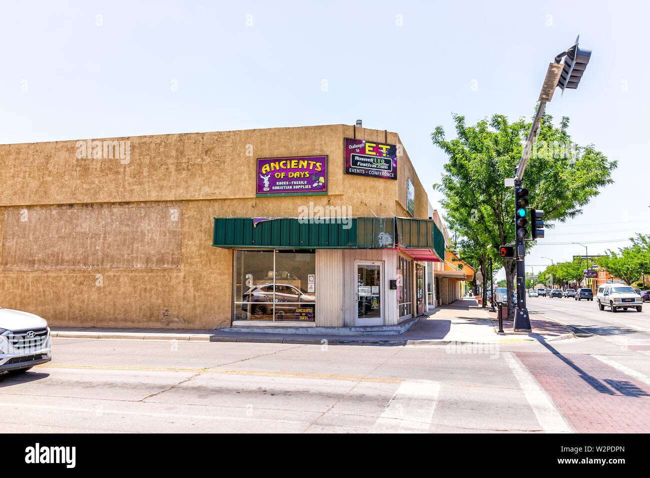 Roswell, USA - June 8, 2019: Main street in New Mexico town city alien sightings and store shop with ufo souvenirs Stock Photo