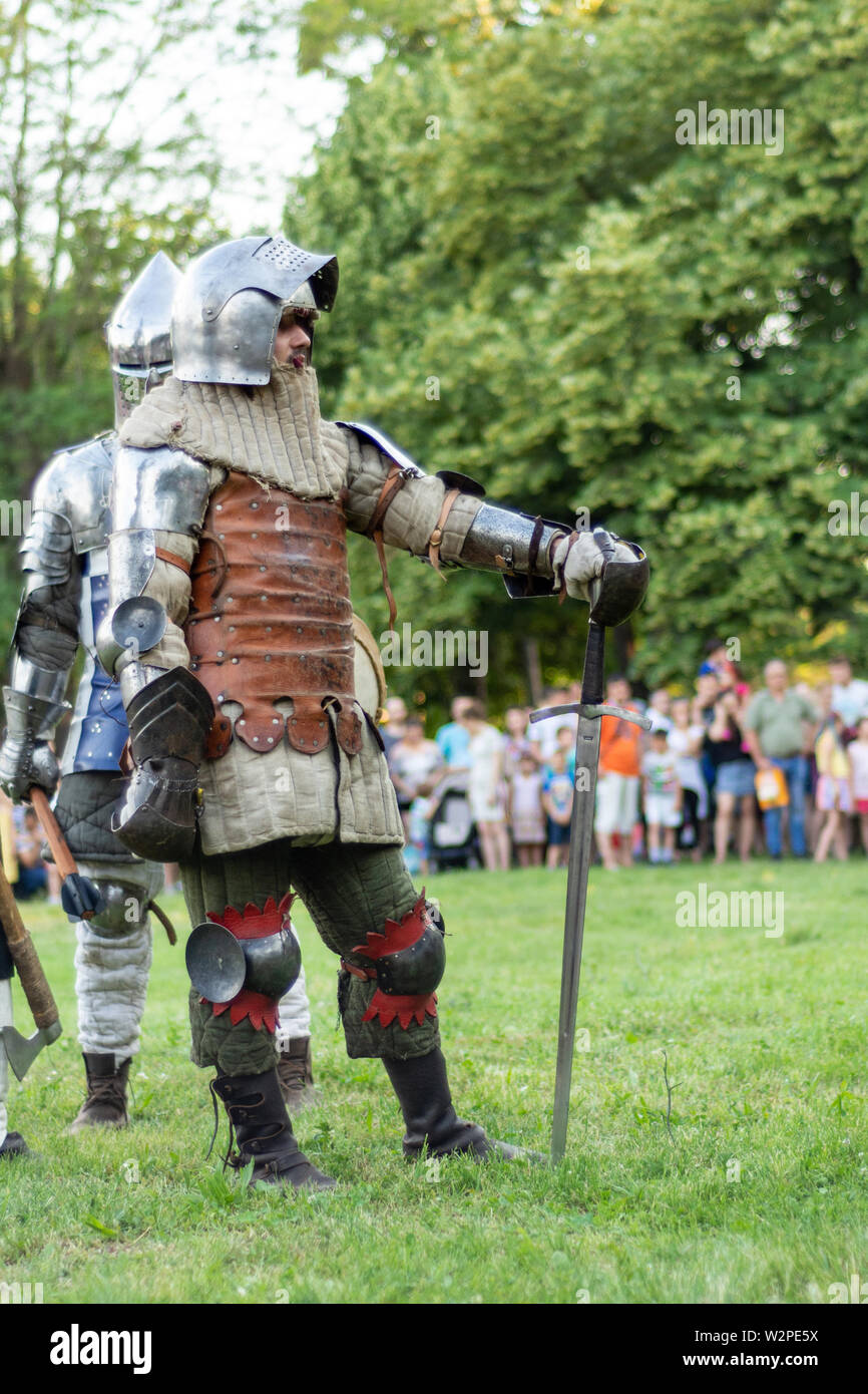 Nis, Serbia June 15. 2019 Knights in iron armor and helmet and