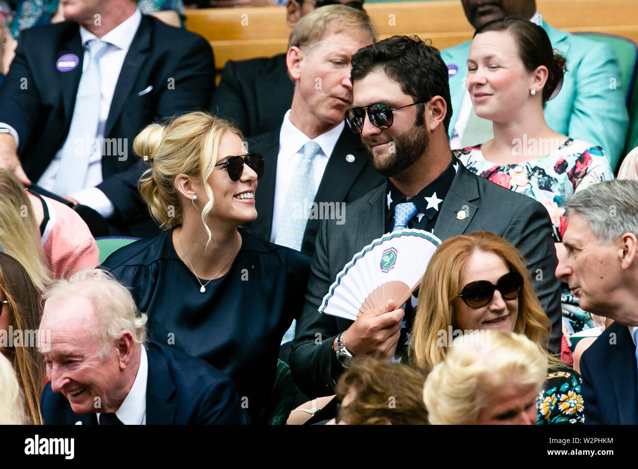 London, UK, 10th July 2019: Spanish PGA Tour Pro Jon Rahm (r) and Kelley Cahill visit the Royal Box at day 9 at the Wimbledon Tennis Championships 2019 at the All England Lawn Tennis and Croquet Club in London. Credit: Frank Molter/Alamy Live news Stock Photo