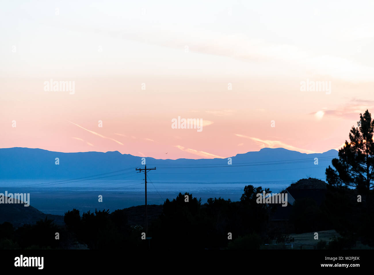 New Mexico La Luz sunset town view of Organ Mountains and White Sands Dunes National Monument at twilight Stock Photo