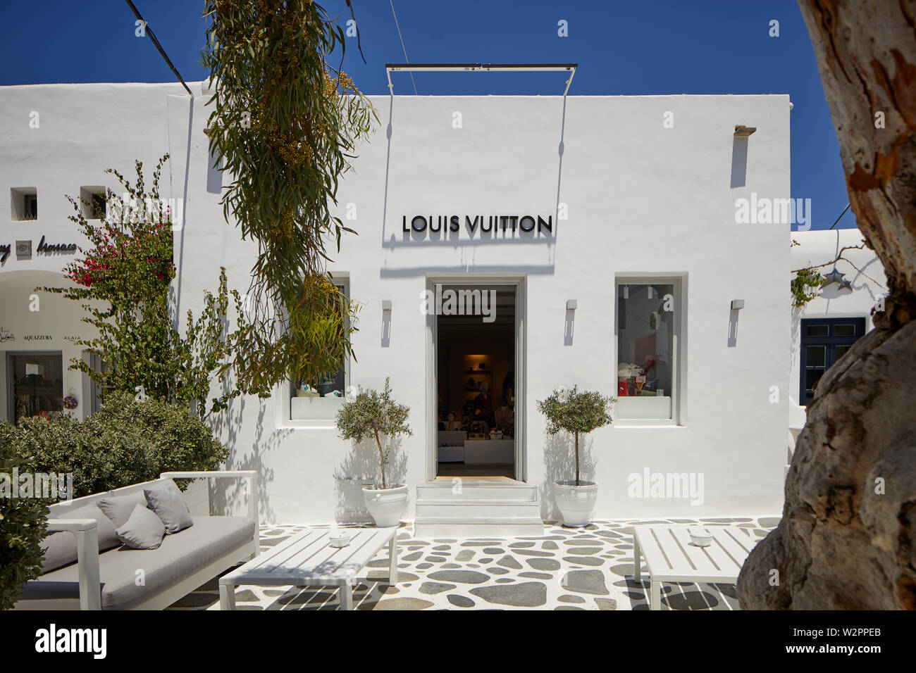 Mykonos, mikonos Greek island, part of the Cyclades, Greece. souk shop form designer handbag brand Louis Vuitton Stock Photo