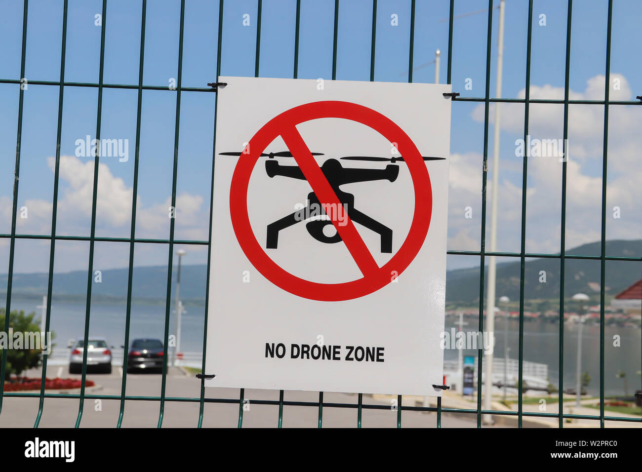 No drone zone, restriction sign at private property Stock Photo