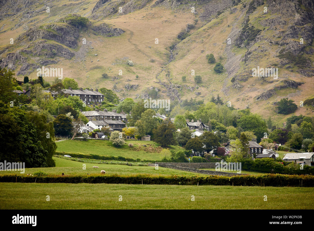 Coniston int he Lake District Cumbria, England, houses at the foot of Coniston Old Man Stock Photo