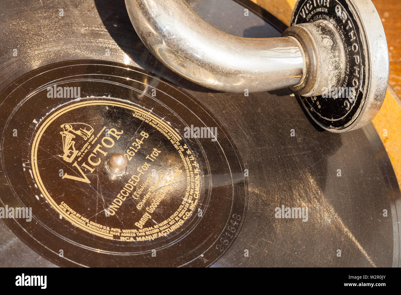 An old 78 RPM recording by His Masters Voice on display at the heritage Britannia Ship Yard in Steveston, British Columbia Canada Stock Photo