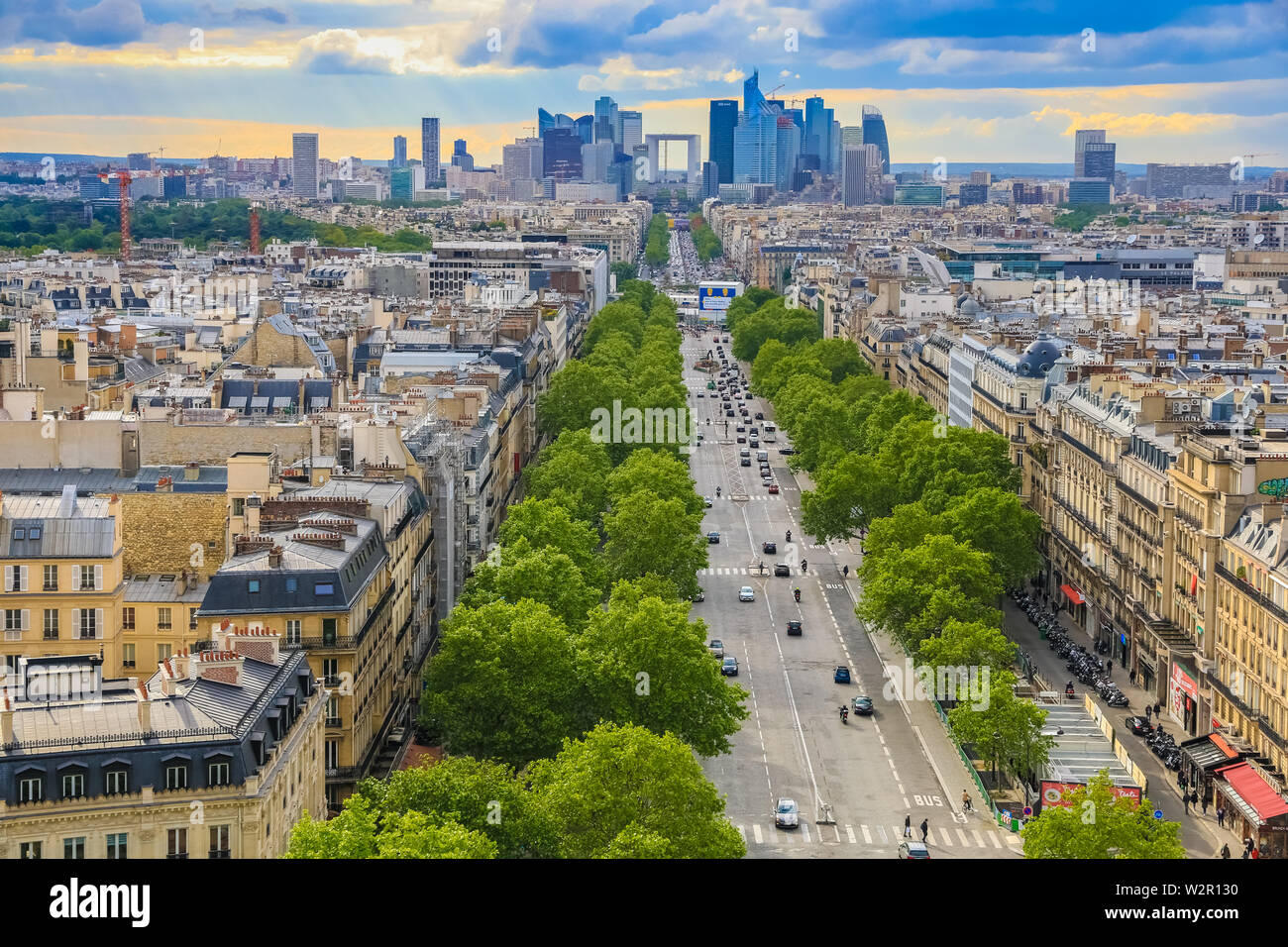 Great panoramic aerial view of the skyline of the business district La Défense in Paris with the Grande Arche seen from the Arc de Triomphe on the Axe... Stock Photo