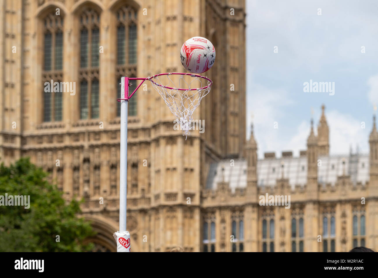 London, UK. 10th July 2019. International Parliamentary Netball competition in Victoria Tower Gardens, played by parliamentary teams representing the UK, New Zealand and Australia. Organised by Netball England ahead of the international netball competition. Credit: Ian Davidson/Alamy Live News Stock Photo