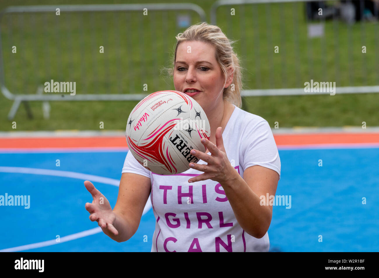 London, UK. 10th July 2019. International Parliamentary Netball competition in Victoria Tower Gardens, played by parliamentary teams representing the UK, New Zealand and Australia. Organised by Netball England ahead of the international netball competition. Mims Davies, sports minister, pictured here, opened and played in the competition Credit: Ian Davidson/Alamy Live News Stock Photo