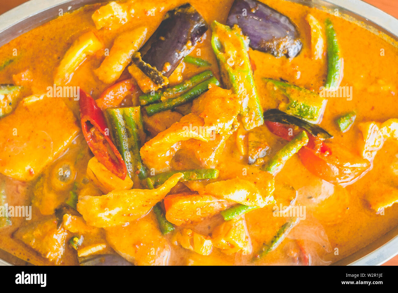 Curry Assam Fish slice with eggplant brinjal okra lady's fingers long