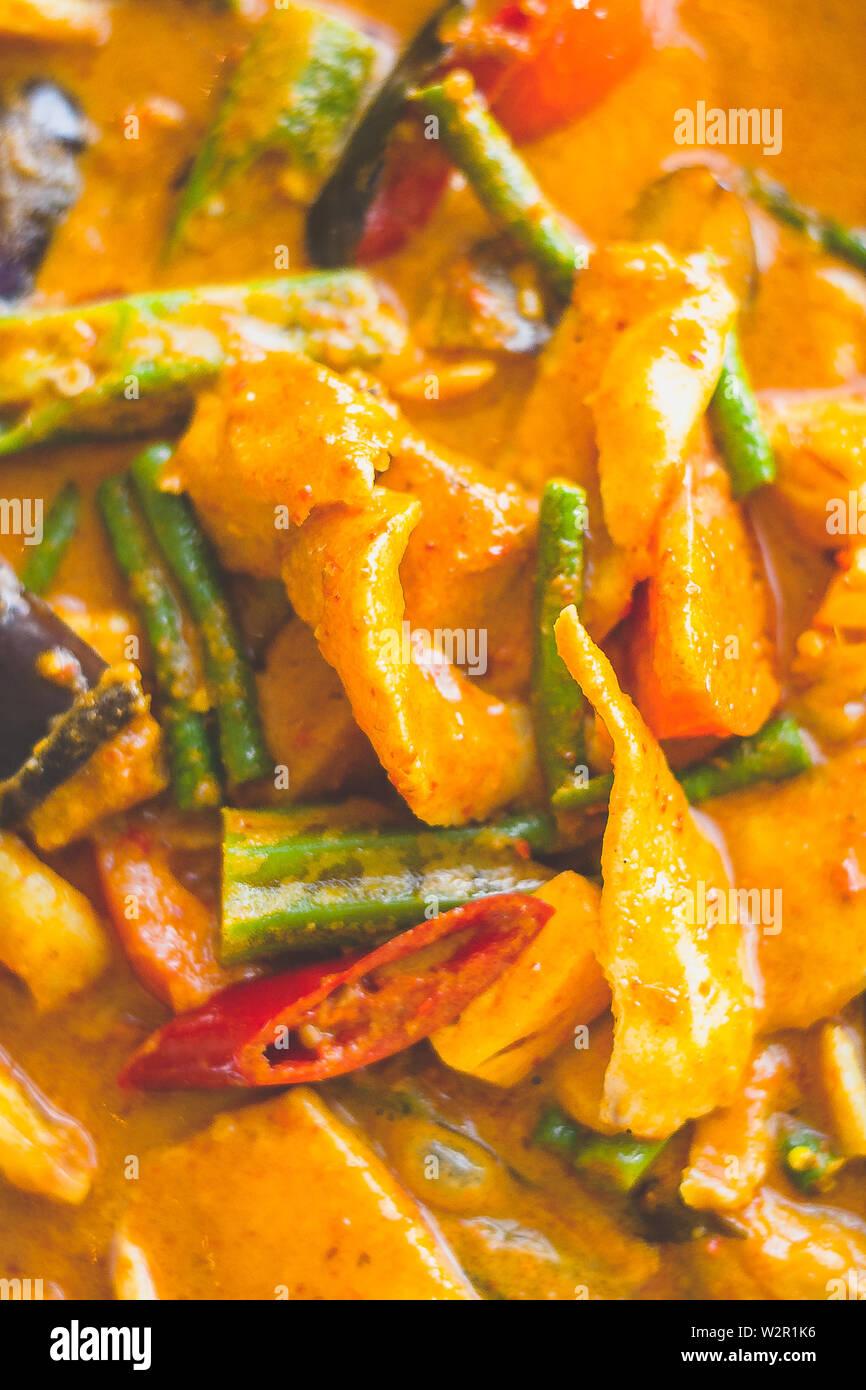 Curry Assam Fish slice with eggplant brinjal okra lady's fingers long