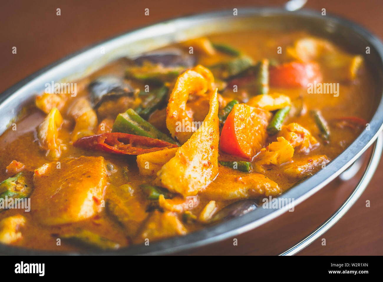 Curry Assam Fish slice with eggplant brinjal okra lady's fingers long