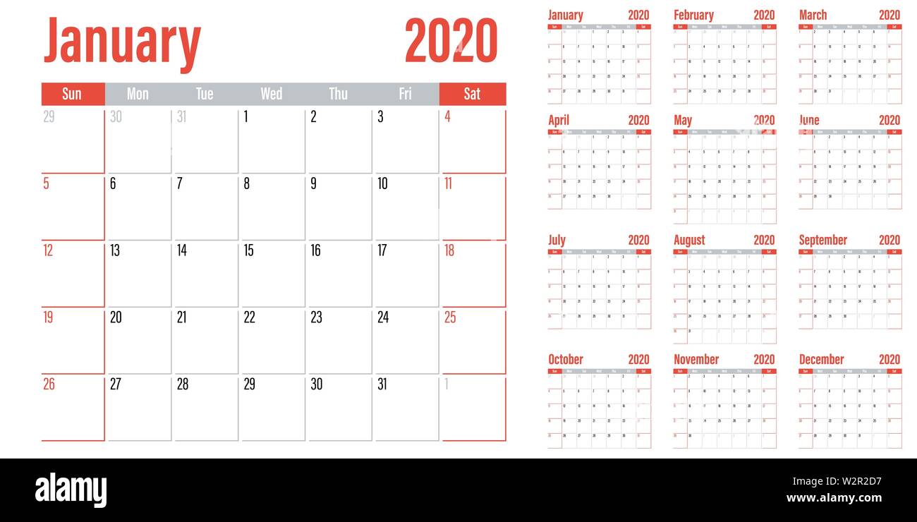 Calendar planner 2020 template vector illustration all 12 months week ...