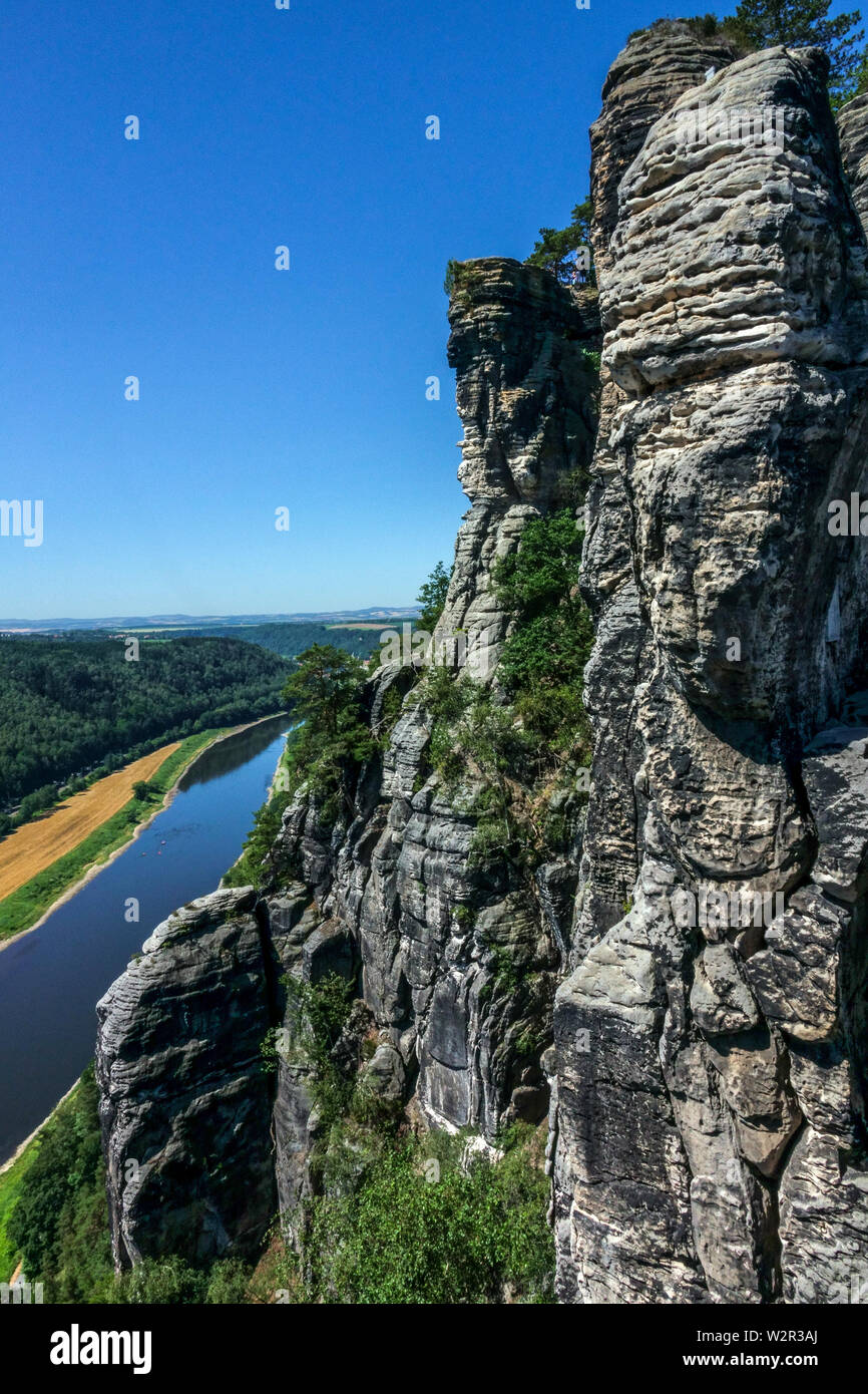 Bastei sandstone above Elbe Valley, Saxon Switzerland Germany Europe Stock Photo
