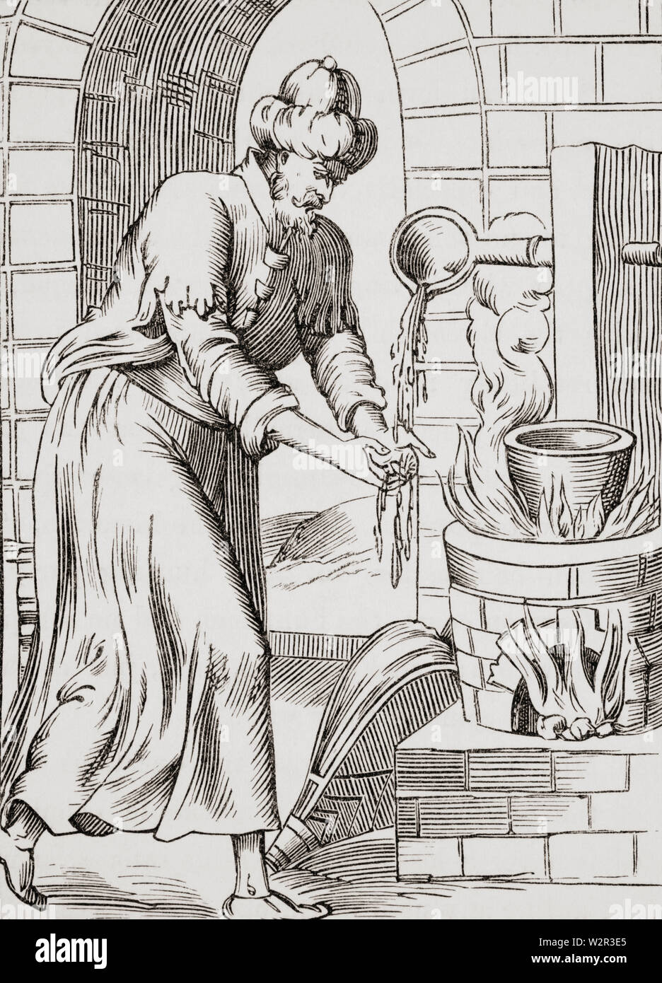 The Gipsy who used to wash his hands in molten lead. Facsimile of a woodcut in the Histoires Merveillesuses. Stock Photo