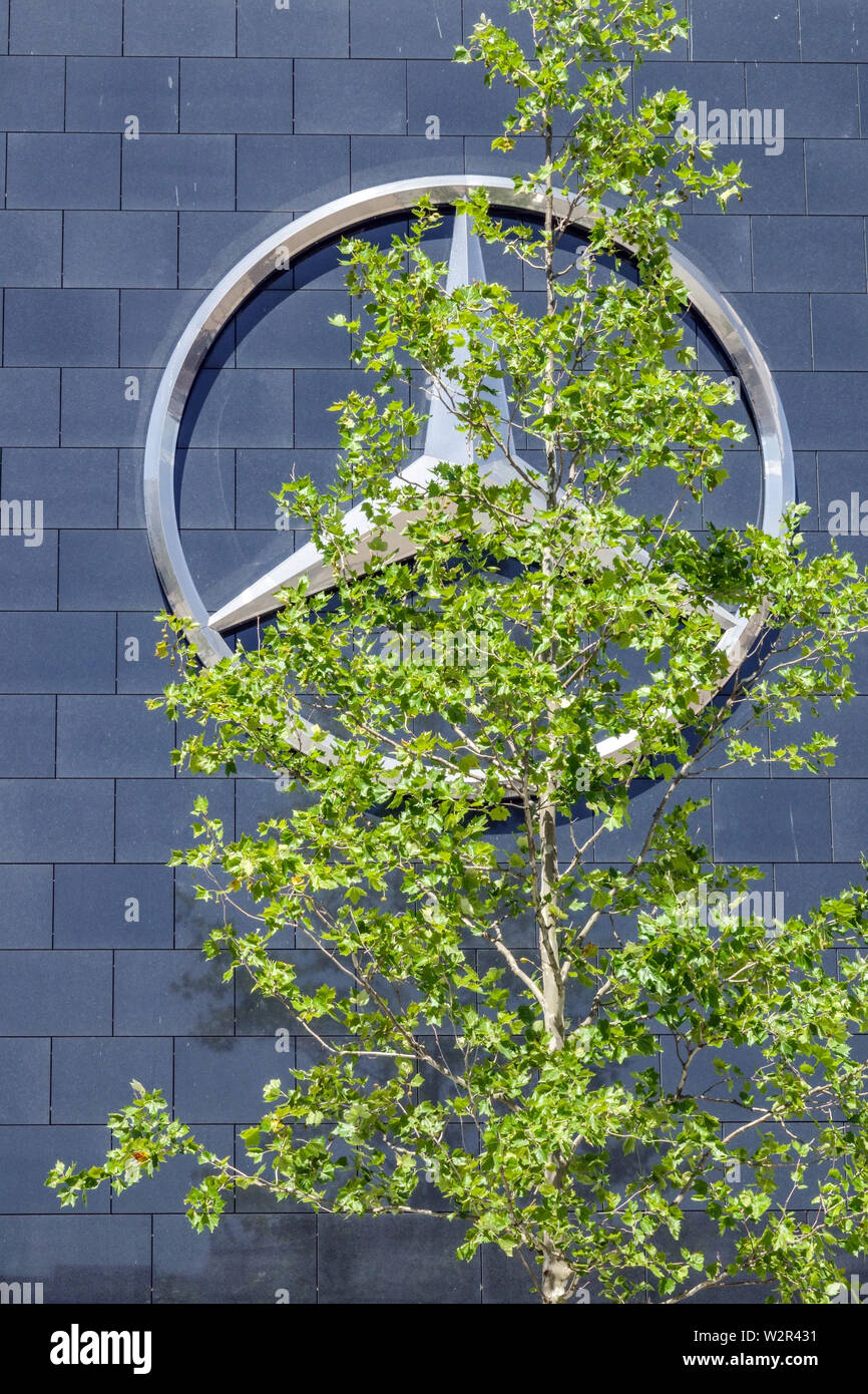 Germany Berlin Mercedes Benz logo, tree Stock Photo
