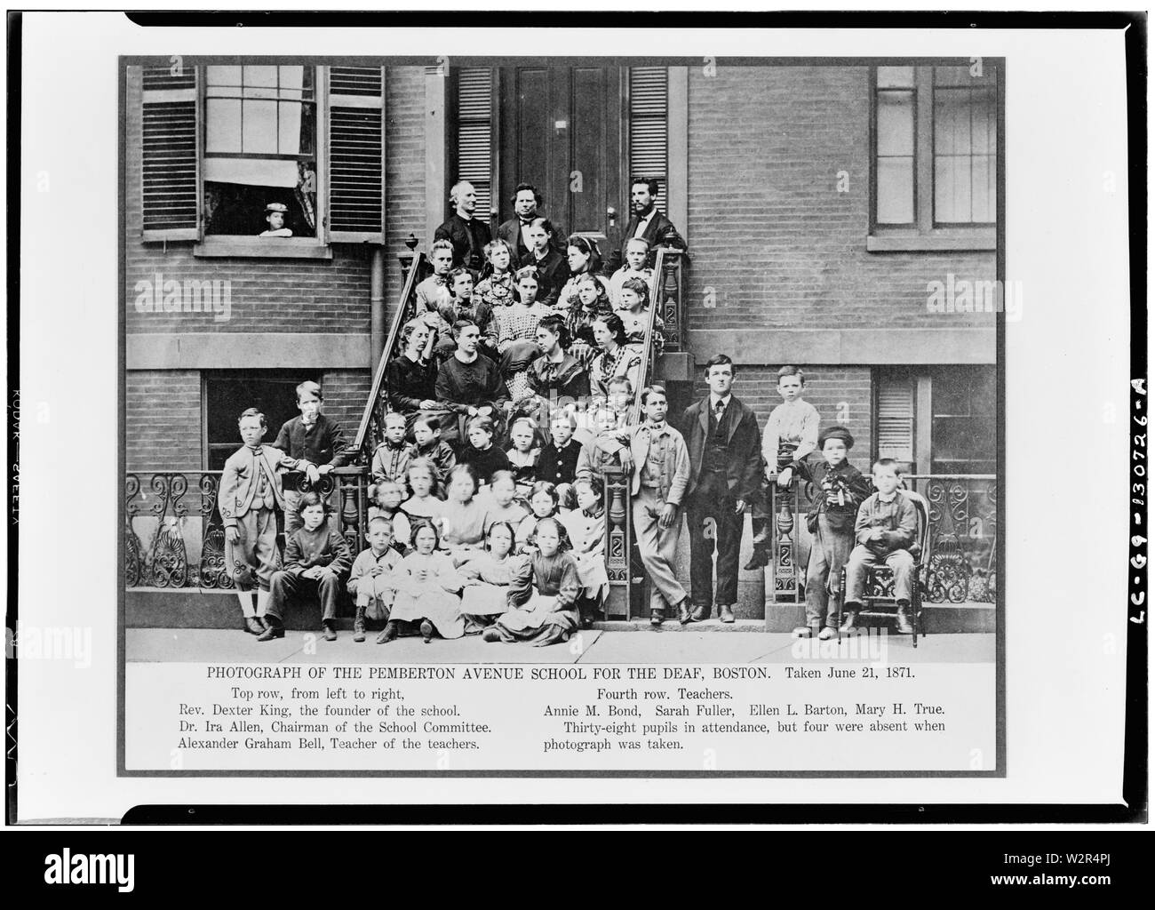 Alexander Graham Bell, teacher of teachers, seated on top step with Rev
