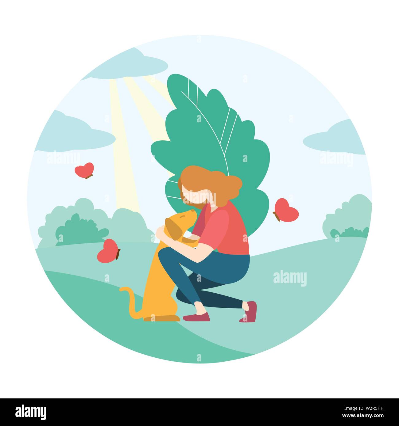 Summer time. Girl walking with a dog in the park. Beautiful nature and ...