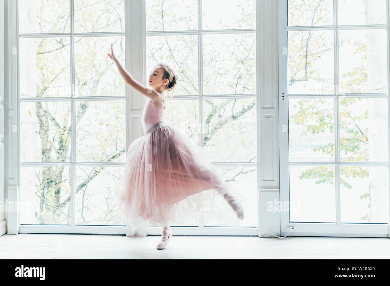 Young classical ballet dancer girl in dance class. Beautiful graceful  ballerina practice ballet positions in pink tutu skirt near large window in  whit Stock Photo - Alamy