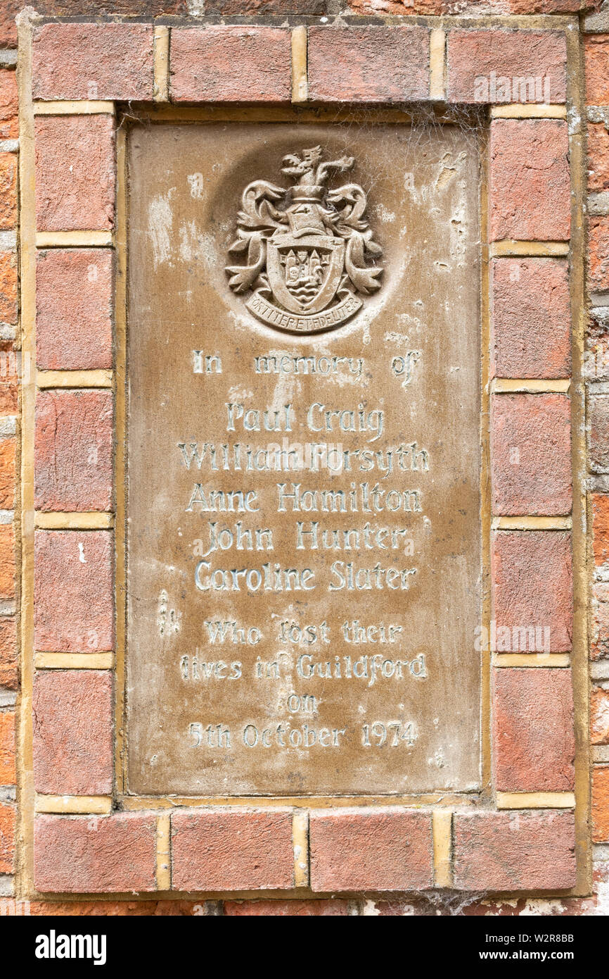 Memorial plaque to the five victims of the IRA killed in the Guildford pub bombings on 5th October 1974, UK Stock Photo