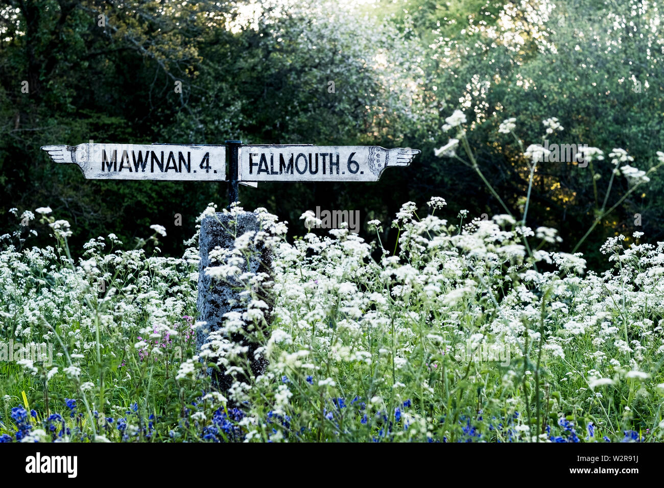 Traditional white signpost to Mawnan and Falmouth in Cornwall ...