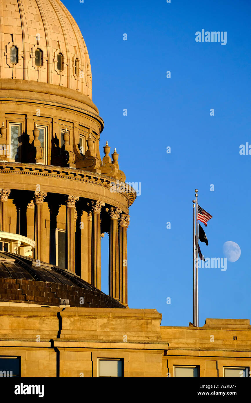 Idaho State Capitol Building governing government dome structure legal laws moon sky flags Stock Photo