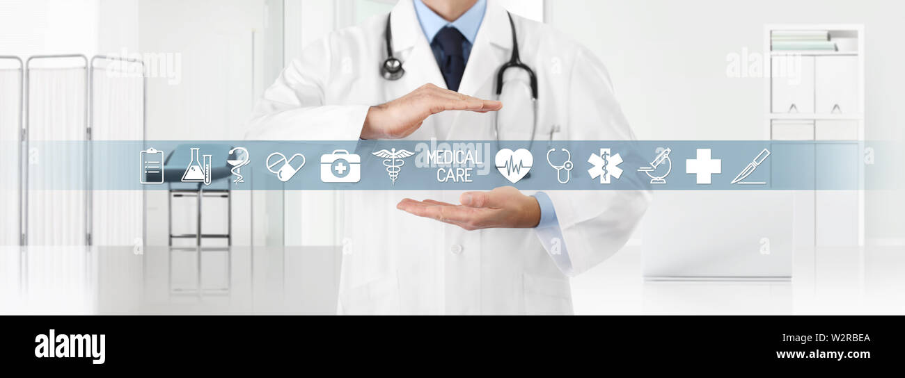 medical coverage insurance concept, hands doctor covering symbols and ...