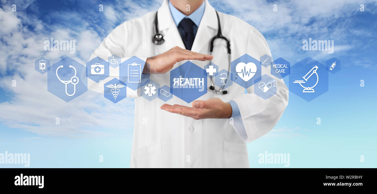 Medical Coverage Insurance Concept Hands Doctor Covering Symbols