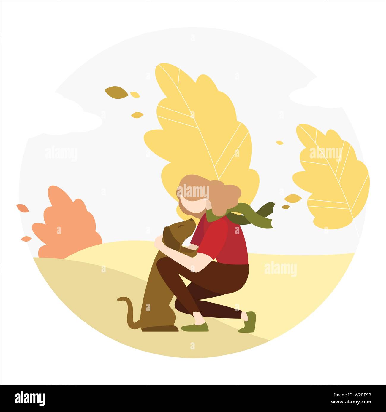 Girl walks in the park in autumn with a dog. Stock Vector