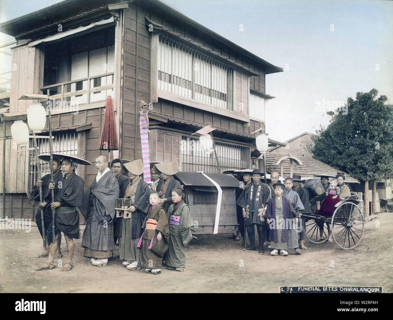 [ 1890s Japan - Japanese Funeral Procession ] —   A small funeral procession.  19th century vintage albumen photograph. Stock Photo