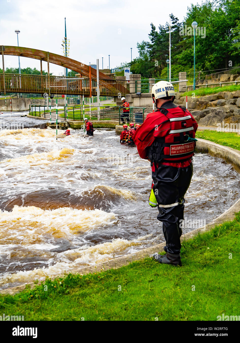 Firefighters from Humberside force training in fast water at the  Tees Barrage White Water course. Stock Photo